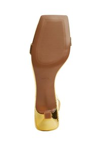 Gold high-heeled shoe with a glossy, reflective texture. Square toe design and a non-slip brown rubber sole.