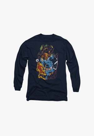 Navy long-sleeve shirt featuring a colorful graphic design of superheroes, with notable details including textures and dynamic poses.