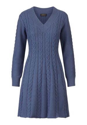 Middenlange blauwe gebreide jurk met een V-hals en lange mouwen. Bevat een kabelbreipatroon en geribde manchetten voor extra textuur.