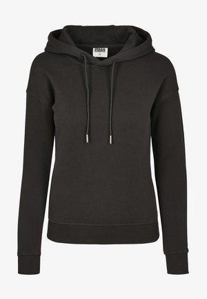 Fekete kapucnis pulóver puha anyagból, arany véggel ellátott húzózsinórral, bordázott mandzsettákkal és laza szabással.