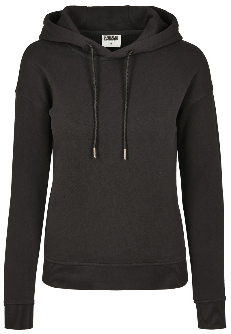 Sweatshirt à capuche noire en tissu doux, avec un cordon de serrage doté de touches dorées, des poignets côtelés et une coupe décontractée.