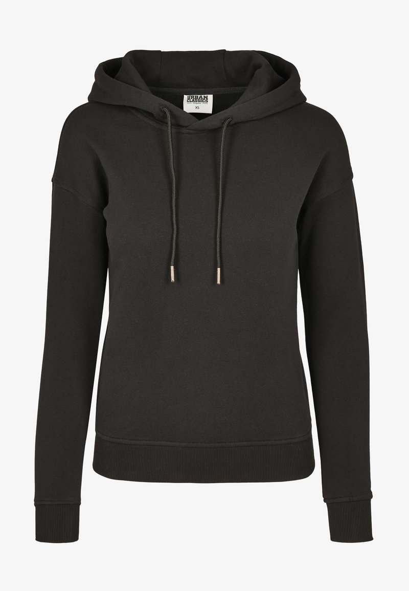 Felpa nera con cappuccio in morbido tessuto, dotata di un cordino con punte dorate, polsini a coste e un fit rilassato.