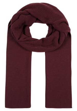 Bordeaux gebreide sjaal opgevouwen met lus aan de bovenkant, met zichtbare geribbelde structuur en lange rechthoekige uiteinden.