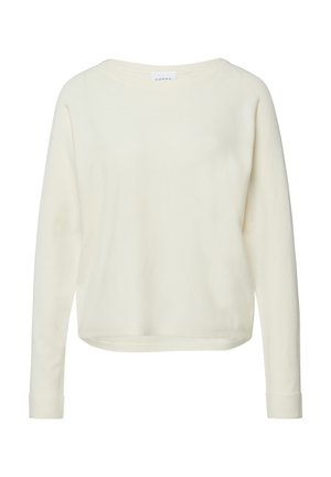 Cream-colored long-sleeve crewneck sweater with a straight hem and subtle brand label at the neckline.