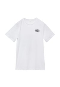 Witte katoenen t-shirt met korte mouwen en een ronde hals. Bevat een zwart "PARADISE" grafisch ontwerp op de linkerkant van de borst.