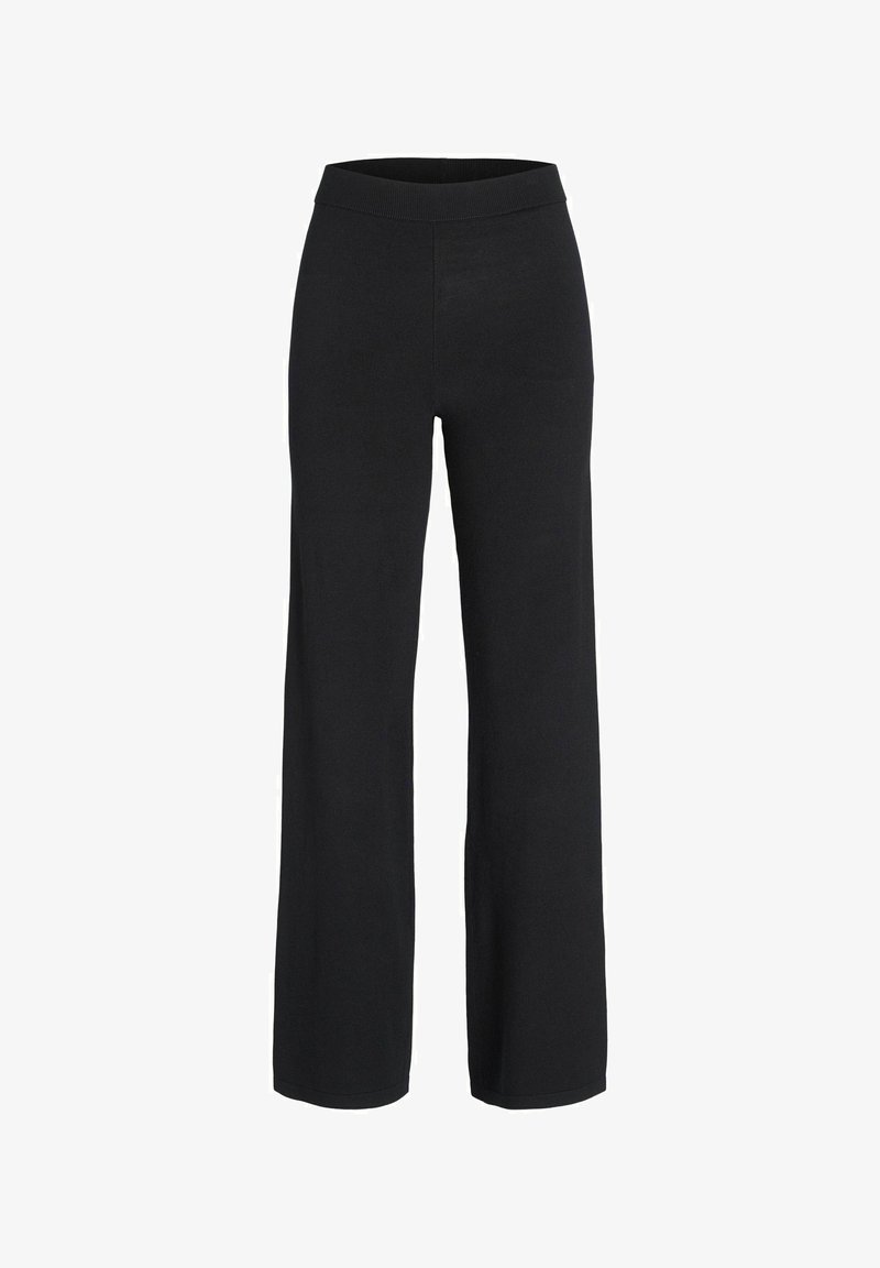 Juodos plačios kelnės iš minkštos, tamprios medžiagos ir plačiu elastingu diržu. Nėra matomų kišenių ar papuošimų, lygi tekstūra.