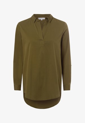 Olive green long-sleeve shirt with a collared neckline, a half-button placket, and a curved hem. Made from smooth, lightweight fabric.