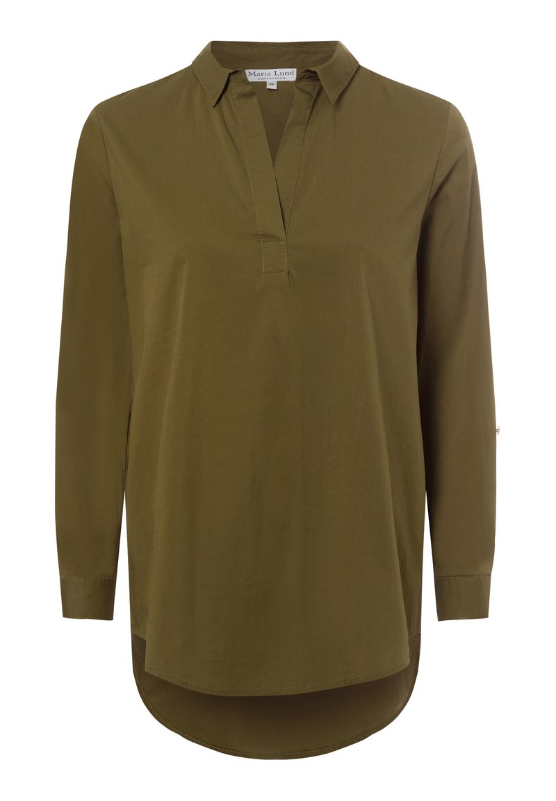 Olivenfarbendes Langarmhemd mit einem kragenverzierten Ausschnitt, einem halben Knopfverschluss und einem geschwungenen Saum. Hergestellt aus glattem, leichtem Stoff.