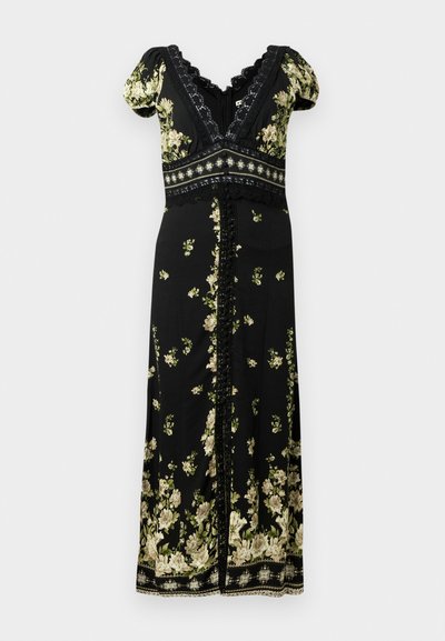 Zwarte maxi-jurk met bloemenprint in groen en crème, met korte pofmouwen, een V-hals en ingewikkelde kanten details op het lijfje.