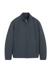 Marineblaue Zip-up-Jacke mit hohem Kragen, langen Ärmeln, zwei Seitentaschen und glattem, leichtem Stoff.