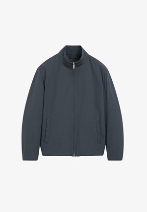 Giacca blu navy con zip, collo alto, maniche lunghe, due tasche laterali e tessuto liscio e leggero.