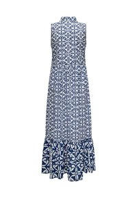 Ärmelloses, knöchellanges Kleid mit blau-weißem geometrischem Fliesenmuster, geraffter Taille und Volantsaum.