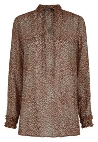 Blouse en imprimé léopard brun avec des manches longues, des poignets à volants et un col mandarin. Fabriquée en tissu léger et transparent.