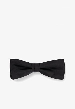 Schwarze Fliege aus glattem Stoff, mit einem klassischen Design, das im Zentrum einen ordentlichen Knoten und leicht angehobene Kanten aufweist.