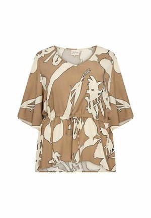 Braun- und cremefarbenes gemustertes Blusenshirt mit V-Ausschnitt, kurzen Ärmeln, elastischem Taillenbund und fließender Silhouette. Leichter Stoff mit glatter Textur.