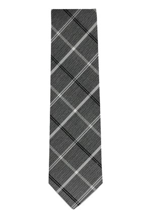 Grey necktie with a diagonal plaid pattern featuring light and dark intersecting lines.