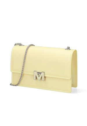 Pale yellow rectangular crossbody bag with silver chain strap and silver "M" clasp closure on white background.
