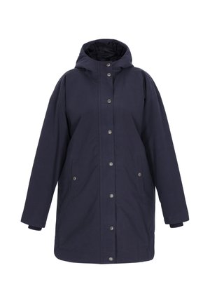 Granatowa kurtka z kapturem z guzikami z przodu, dwoma bocznymi kieszeniami i luźnym krojem z elastycznymi mankietami. Wykonana z gładkiego, trwałego materiału.