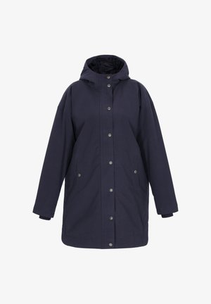 Granatowa kurtka z kapturem z guzikami z przodu, dwoma bocznymi kieszeniami i luźnym krojem z elastycznymi mankietami. Wykonana z gładkiego, trwałego materiału.