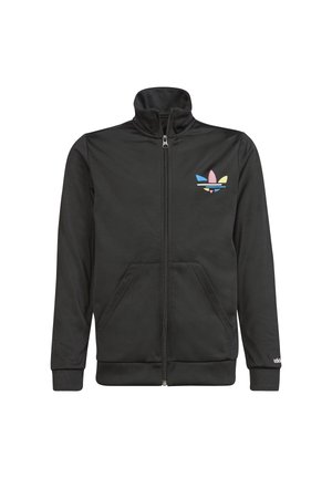 Sort lynlåsjakke med opretstående krave. Har to forlommer, ribbede manchetter og en farverig logo på brystet. Glat tekstur.