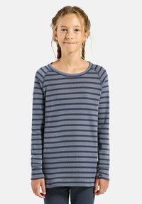 Long-sleeve, crew-neck top featuring light and dark gray horizontal stripes on textured fabric. Includes a small logo detail on the sleeve.
