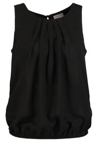 Mouwloze zwarte blouse met geplooide details bij de halslijn en een elastische zoom, voorzien van een kleine knoopsluiting aan de achterkant.