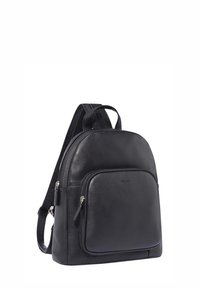 Black leather backpack with a rounded top, zippered main compartment, front pocket, and adjustable straps. Smooth texture with polished hardware.