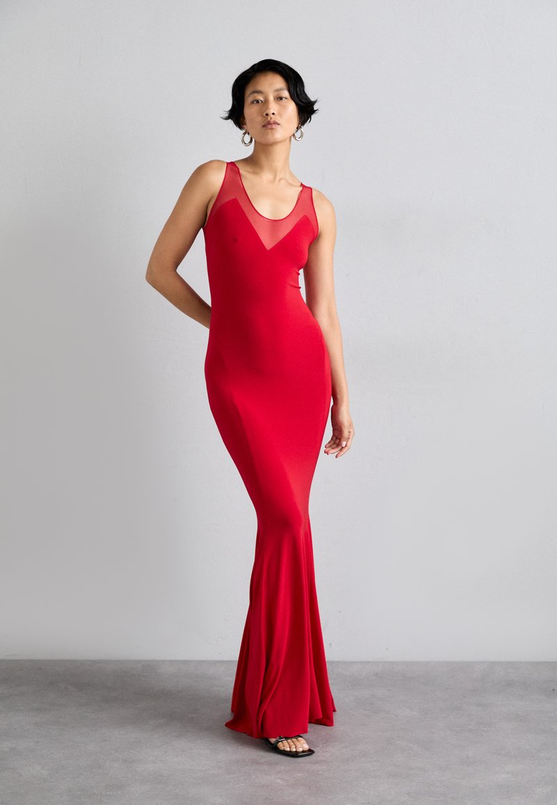 norma kamali red fishtail dress Norma Kamali x REVOLVE Strapless Shirred Front Fishtail Gown in Red