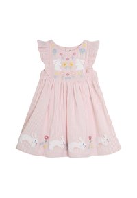 Rochie roz în dungi cu mâneci volan, având broderie cu iepurași și flori pe decolteu și tiv. Material din bumbac, design evazat.
