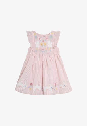 Robe rose à rayures avec des manches à volants, ornée de lapins brodés et de fleurs sur le corsage et l'ourlet. Tissu en coton, design évasé.