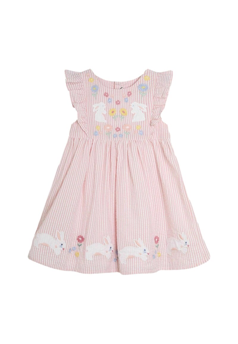 Rochie roz în dungi cu mâneci volan, având broderie cu iepurași și flori pe decolteu și tiv. Material din bumbac, design evazat.