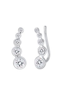 Pendientes de plata con múltiples piedras redondas y transparentes de diferentes tamaños, dispuestas en un patrón curvado, que exhiben un acabado pulido y brillante.
