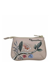 Roze leren muntenportemonnee met een bloemendessin van bladeren en bloemen in tinten van roze, blauw en groen. Ritssluiting aan de bovenkant.