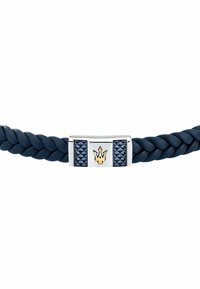 Navy braided leather bracelet with a silver clasp featuring a gold emblem and blue textured accents on either side.