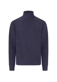 Dunkelblauer Strickrollkragenpullover mit gerippten Bündchen und Saum, ausgestattet mit einem strukturierten Gewebe für zusätzliche Wärme und Komfort.