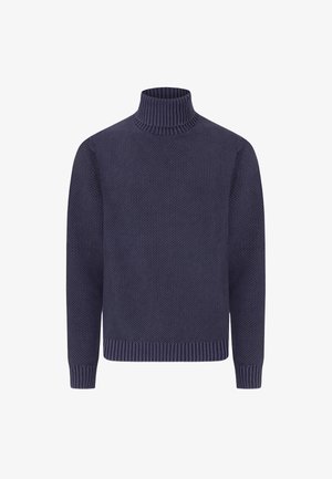 Dunkelblauer Strickrollkragenpullover mit gerippten Bündchen und Saum, ausgestattet mit einem strukturierten Gewebe für zusätzliche Wärme und Komfort.