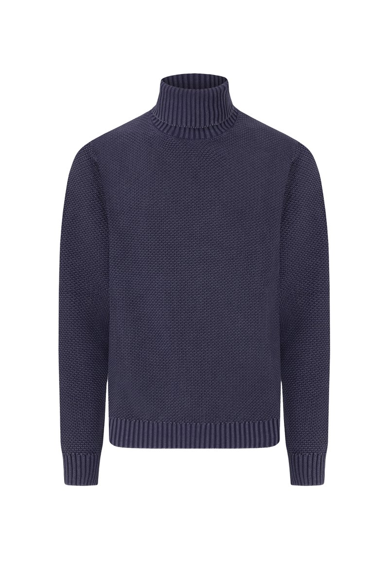 Dunkelblauer Strickrollkragenpullover mit gerippten Bündchen und Saum, ausgestattet mit einem strukturierten Gewebe für zusätzliche Wärme und Komfort.
