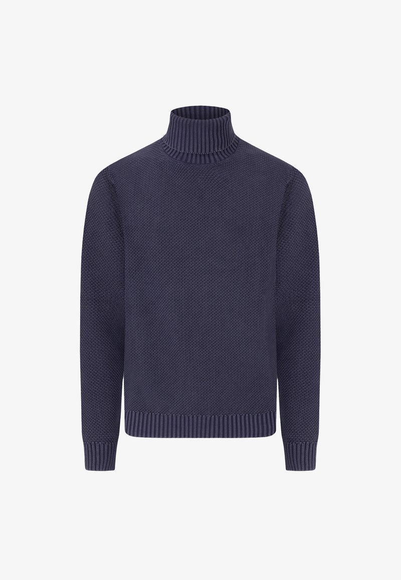 Pulover tricotat în nuanțe de albastru închis, cu guler înalt, manșete și tiv cu dungi, având o țesătură texturată pentru un plus de căldură și confort.