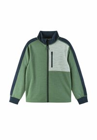 Grüne Zip-Jacke mit einem hellgrauen Brustpaneel, marineblauen Akzenten an den Ärmeln und strukturiertem Stoff mit Stehkragen.