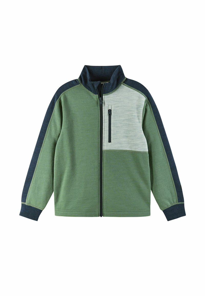 Grüne Zip-Jacke mit einem hellgrauen Brustpaneel, marineblauen Akzenten an den Ärmeln und strukturiertem Stoff mit Stehkragen.