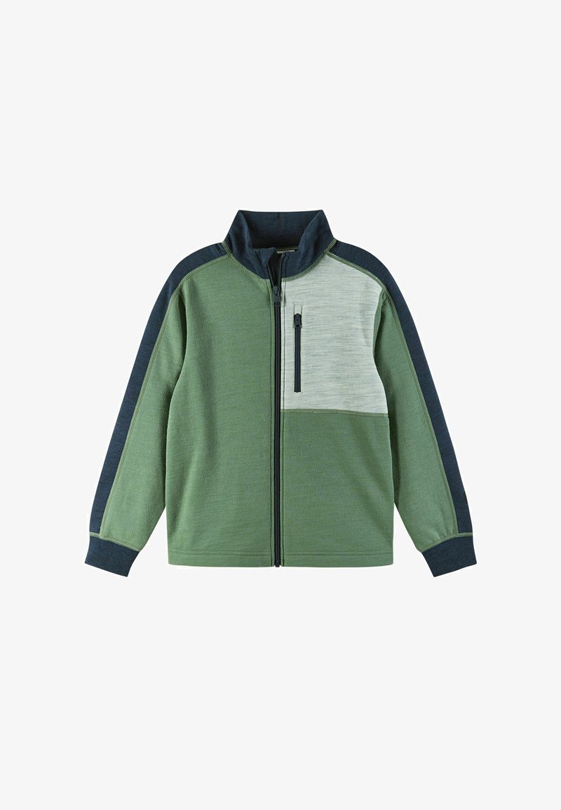 Grüne Zip-Jacke mit einem hellgrauen Brustpaneel, marineblauen Akzenten an den Ärmeln und strukturiertem Stoff mit Stehkragen.