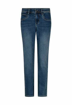Blauwe denim rechtvallende jeans met voorste knoop, rits en ontwerp met vijf zakken op witte achtergrond.