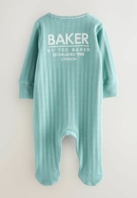 Jasnoniebieski prążkowany body z długimi rękawami, z wyhaftowanym logo z napisem "BAKER BY TED BAKER ESTABLISHED 1988 LONDON."