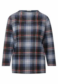 Pitkähihainen naisten paita pyöreällä kaula-aukolla, jossa on tummansininen, musta, valkoinen ja vaaleanpunainen ruutukuosi.