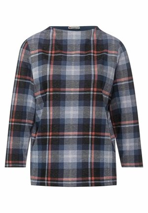 Damtröja med långärmar och rund halsringning, med ett rutigt mönster i marinblått, svart, vitt och rosa.