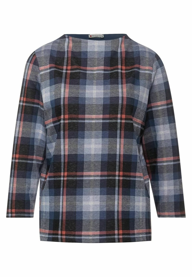 Pitkähihainen naisten paita pyöreällä kaula-aukolla, jossa on tummansininen, musta, valkoinen ja vaaleanpunainen ruutukuosi.