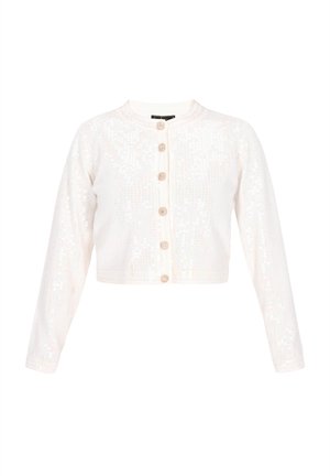 Cardigan bianco corto con maniche lunghe, dotato di una texture in paillettes, cinque bottoni e un colletto rotondo.