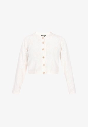 Zkrácený bílý cardigan s dlouhými rukávy, který má flitrovou texturu, pět knoflíků a kulatý výstřih.