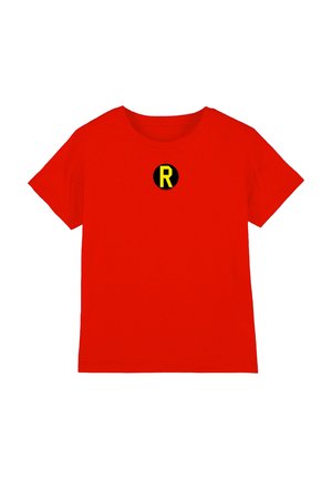 Red short-sleeve t-shirt with a round neck and a small black circle on the chest containing a yellow letter "R".