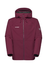 Veste de plein air à capuche maroon avec fermeture éclair à l'avant, cordons de serrage réglables, logo Mammut sur la poitrine et la manche, conçue pour les temps froids.
